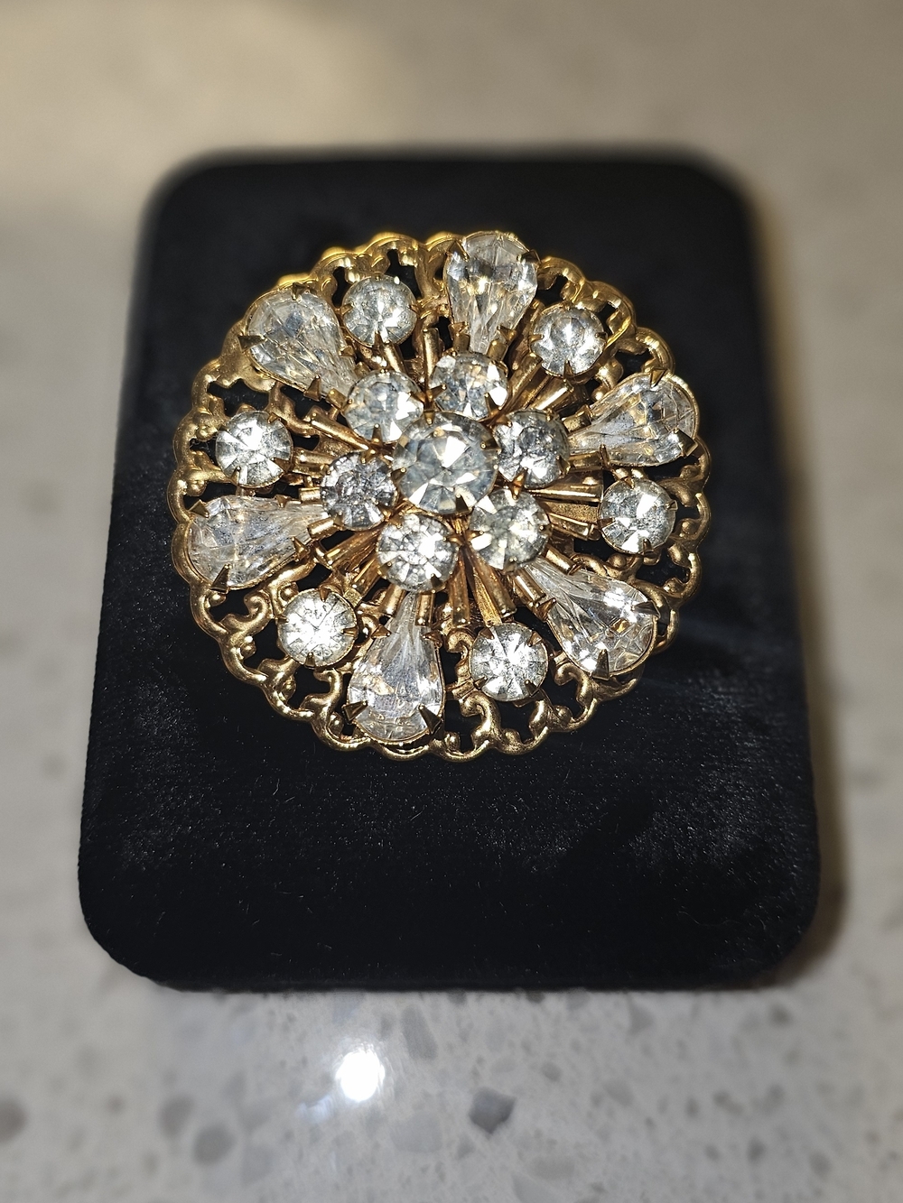 Vintage Gold Crystal Floral Statement Brooch - Clear and Gold